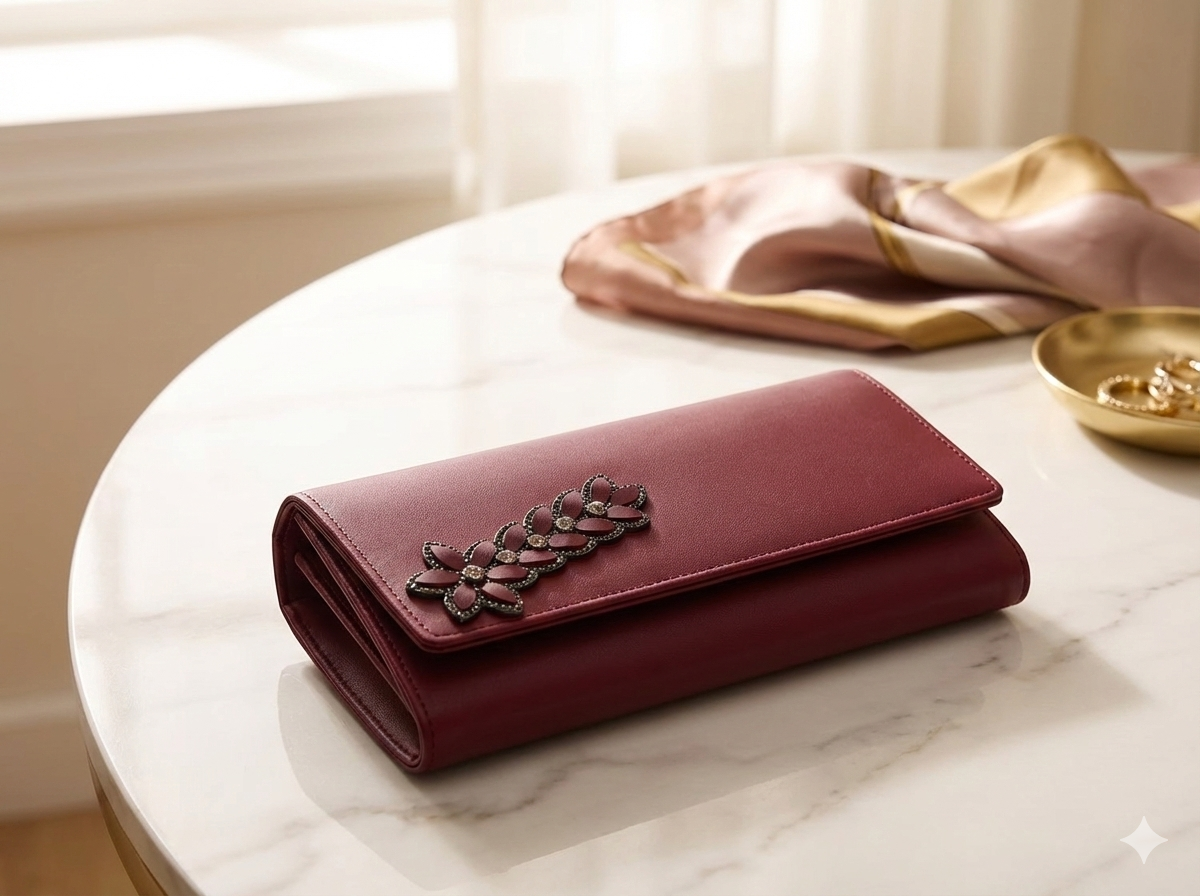 The Bordeaux Floral Clutch Wallet - Elegant & Organized